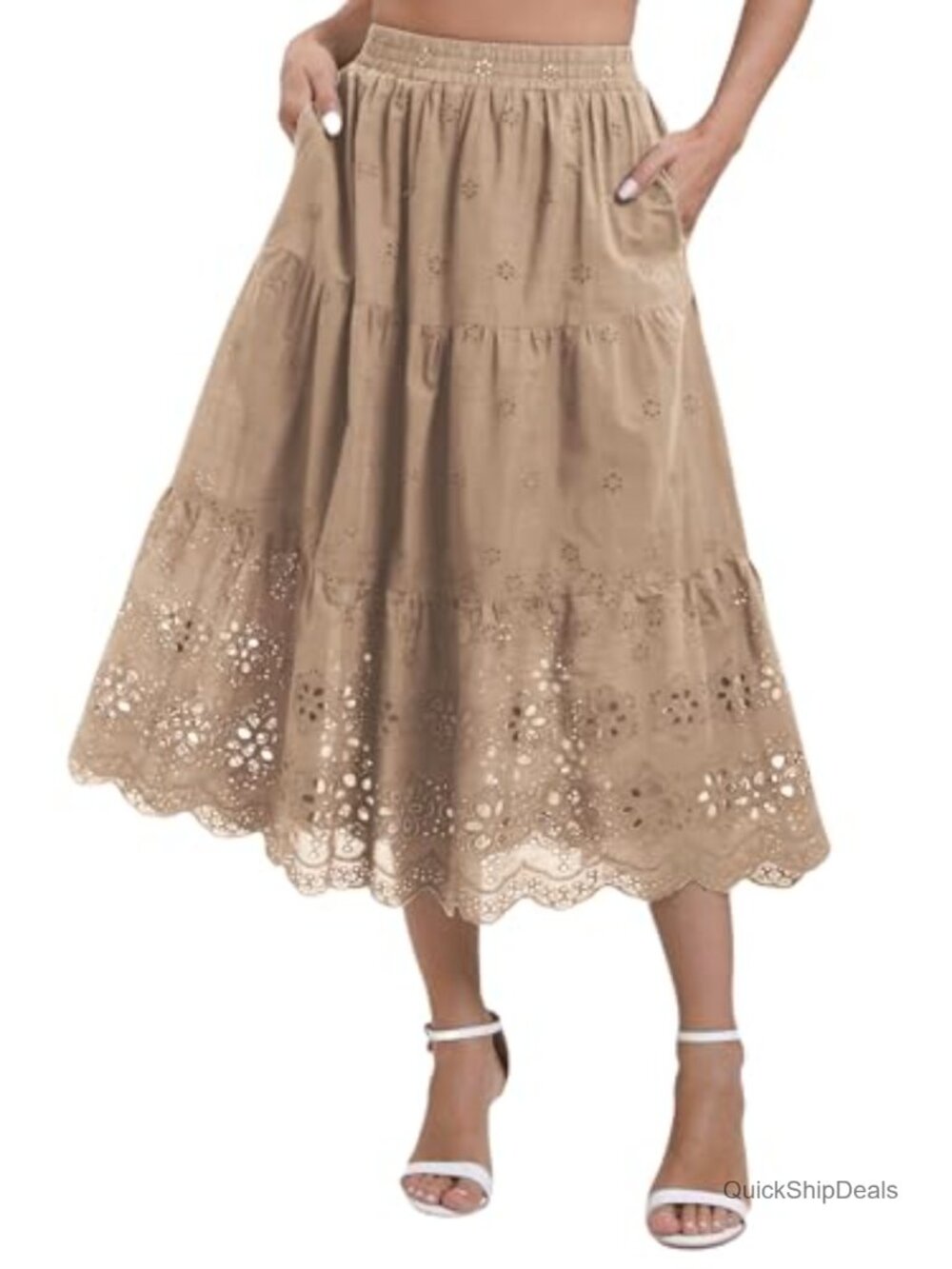 Women's High Waist A-Line Embroidered Lace Tiered Midi Skirt Summer Boho Casual